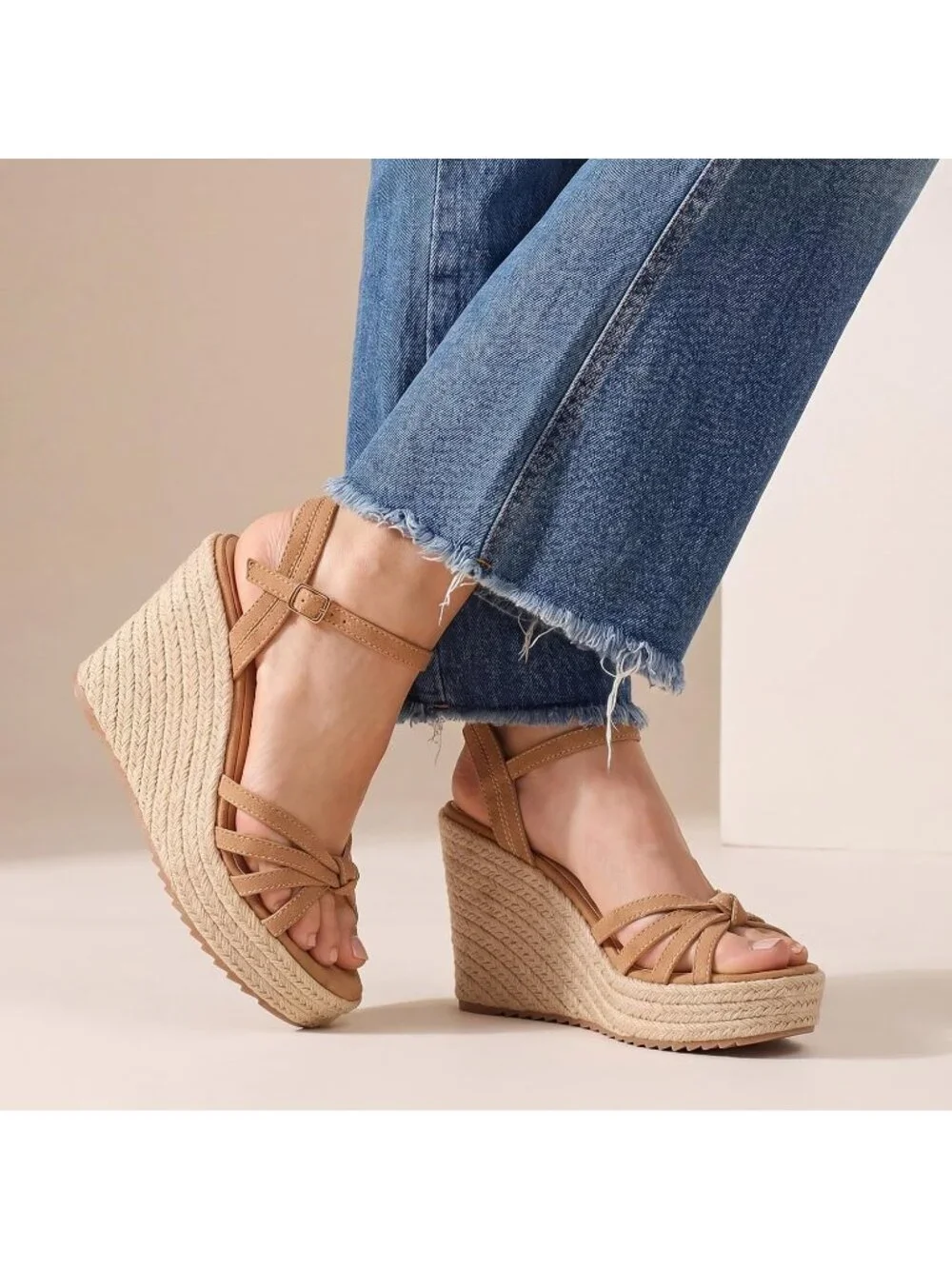 Women's Tan Matte Espadrille Platform Wedge Sandals Open Toe Ankle Strap Heels